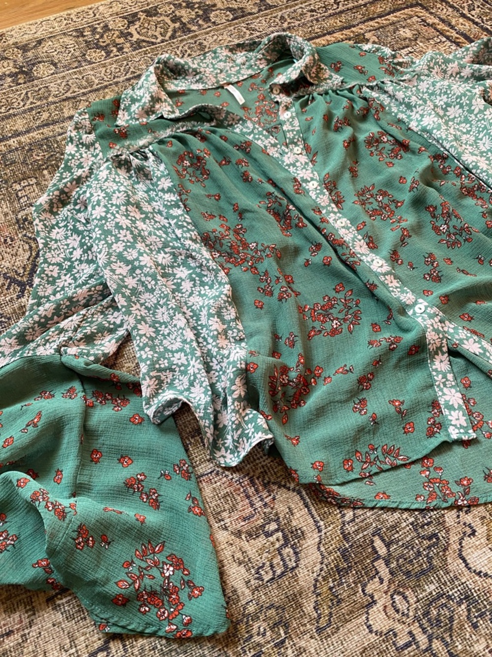 Free People Green Floral Print Blouse with Rust-Orange Flowers